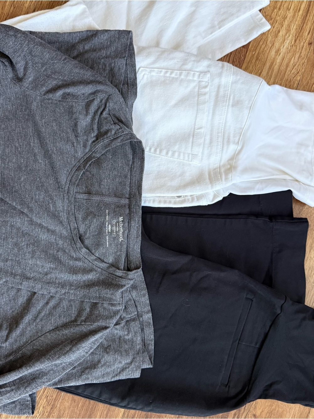 Motherhood Maternity Gray Top, White Pants, and Black Pants Set